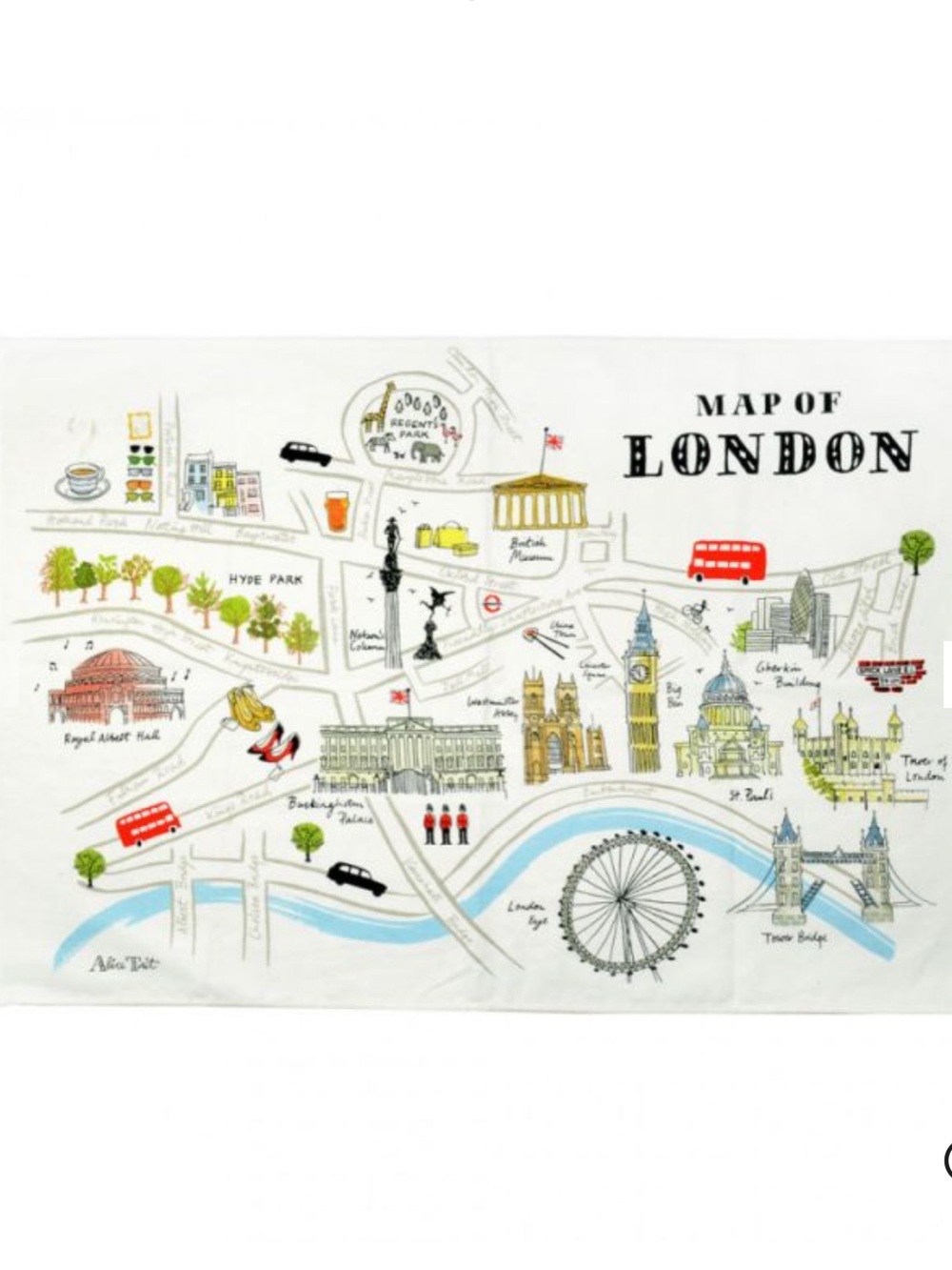 NWOT Alice Tait London Map Tea Towel. Whimsical. Tourist. England. 100% Cotton.